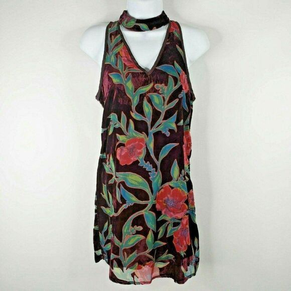 New Band of Gypsies Purple Floral Velvet Burnout Sheath Dress XS Choker Neck - Picture 1 of 9